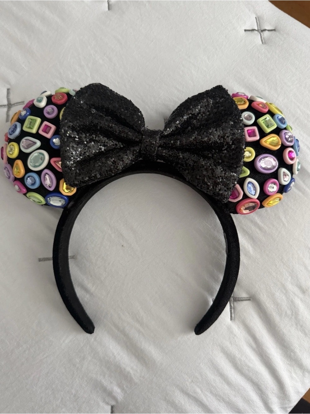 Disney Black Sequin Minnie Ears Headband with Multicolor Gem Accents